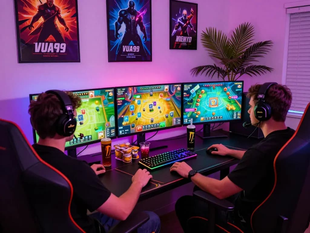 VUA99 online gaming setup featuring colorful monitors and vibrant decor