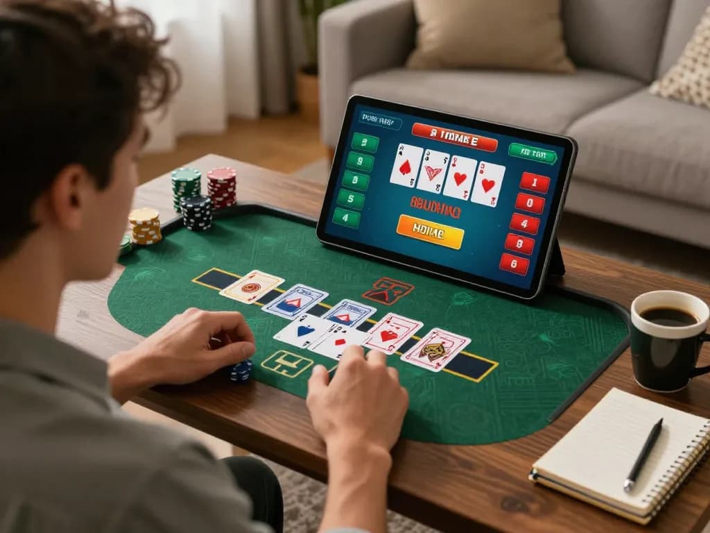 Engaging online blackjack player utilizing 789 WIN for strategic betting in cozy living space.