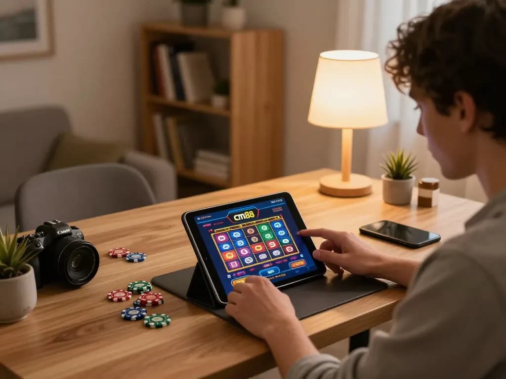 Player engaging with cm88 online casino on tablet, vibrant gaming interface highlights excitement