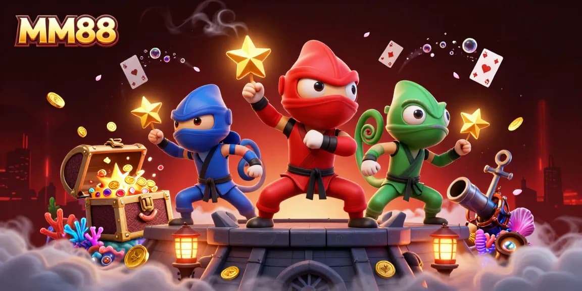MM88's ninja chameleons showcase thrilling synchronized martial arts in a vibrant casino scene