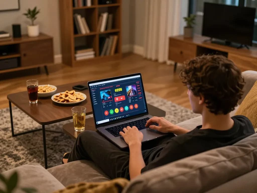 Person using the ee88 platform on a laptop for online gambling with snacks and drinks nearby