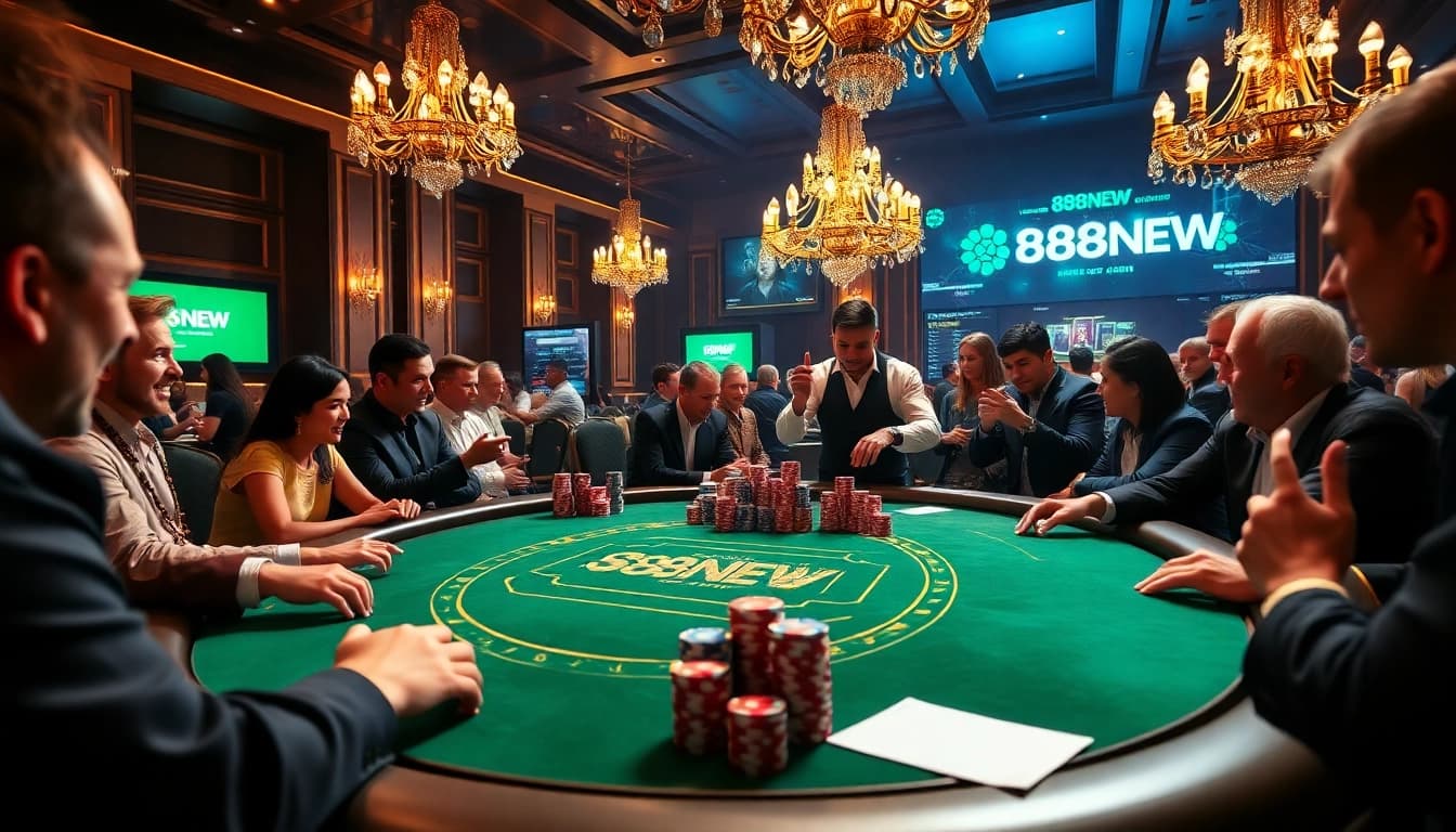 Excited players engaging in high-stakes poker at a luxurious 888NEW casino table.