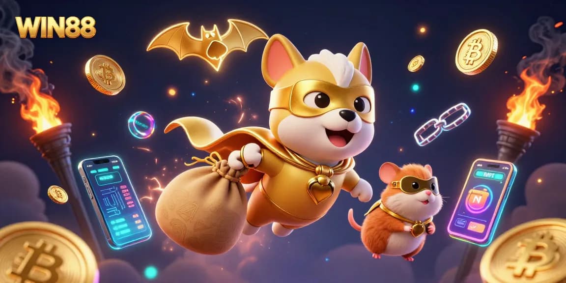 WIN88 casino guests being entertained by a superhero dog and hamster in a vibrant 3D setting full of coins and digital elements.