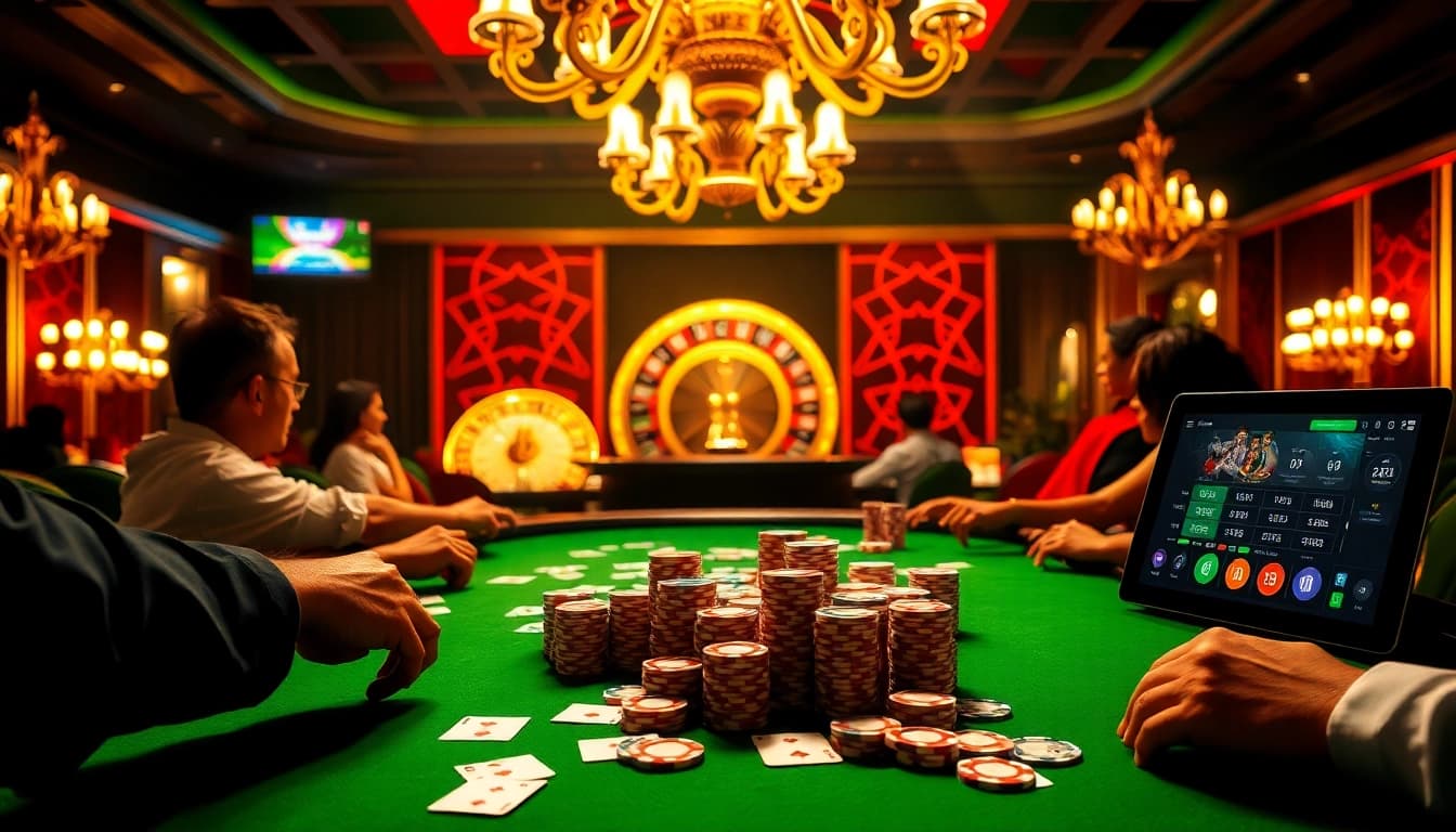 Experience thrilling poker gameplay at https://kjc365.com/ with colorful chips and a vibrant casino atmosphere.