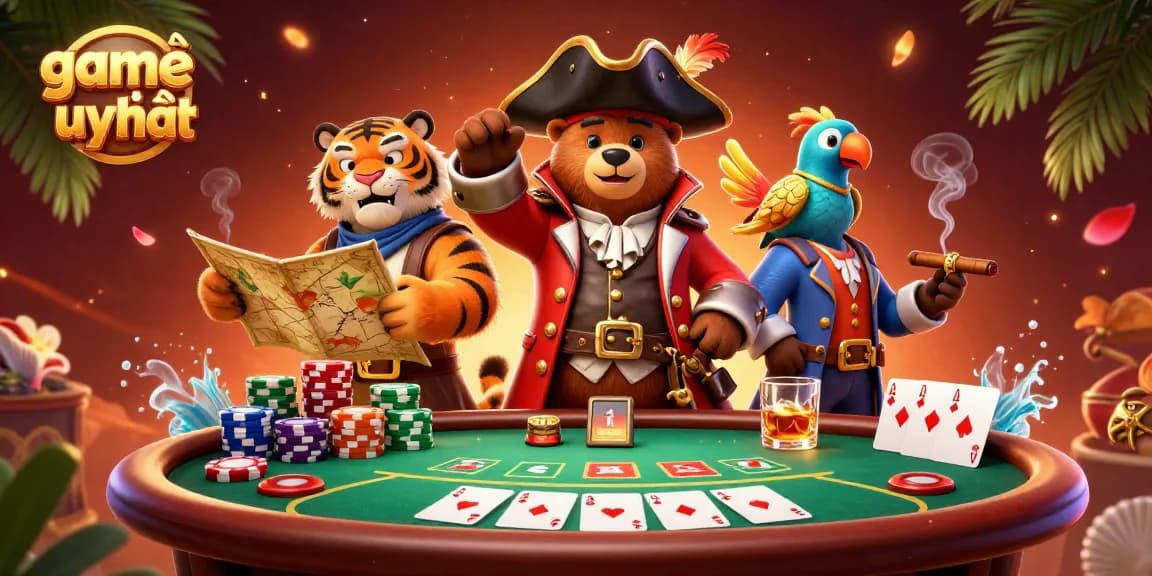 Experience exciting games on game bài uy tín; poker table, chips, and vibrant characters create a lively casino atmosphere.