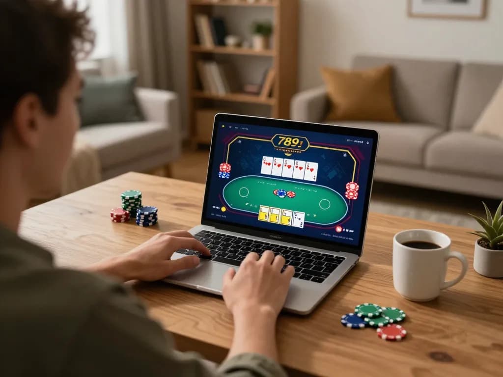 Engaging poker gameplay at 789club on a laptop in a cozy home setting