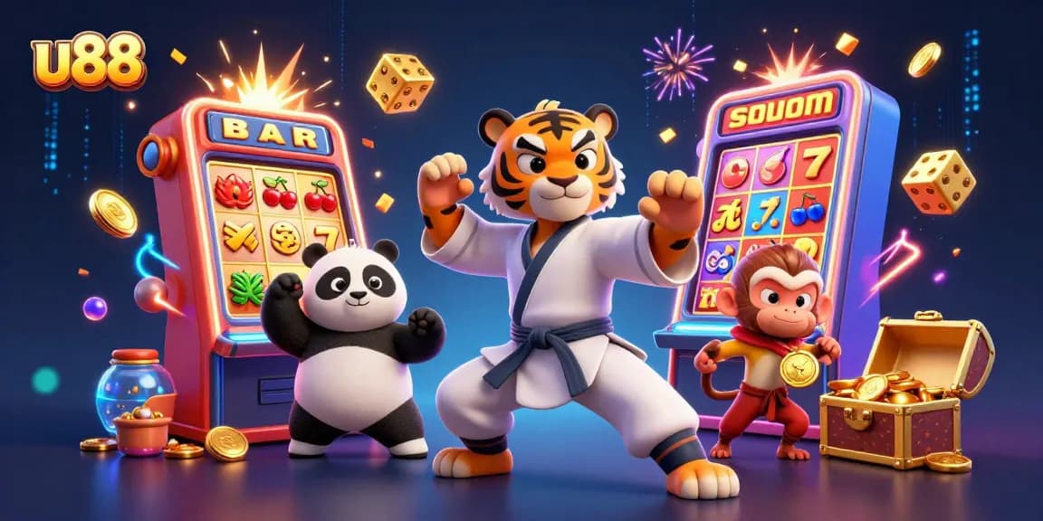 Experience thrilling gameplay at u88 with a dynamic 3D scene featuring slot machines and engaging characters.