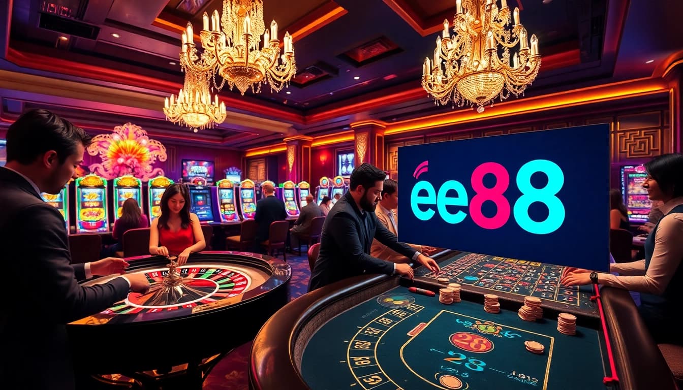 Players enjoy an exciting gambling experience at ee88 casino tables featuring poker and roulette.