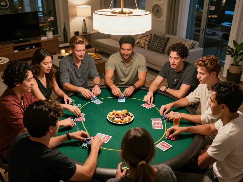 Engaged group playing poker at home showcasing RR88 with chips and cards in action.