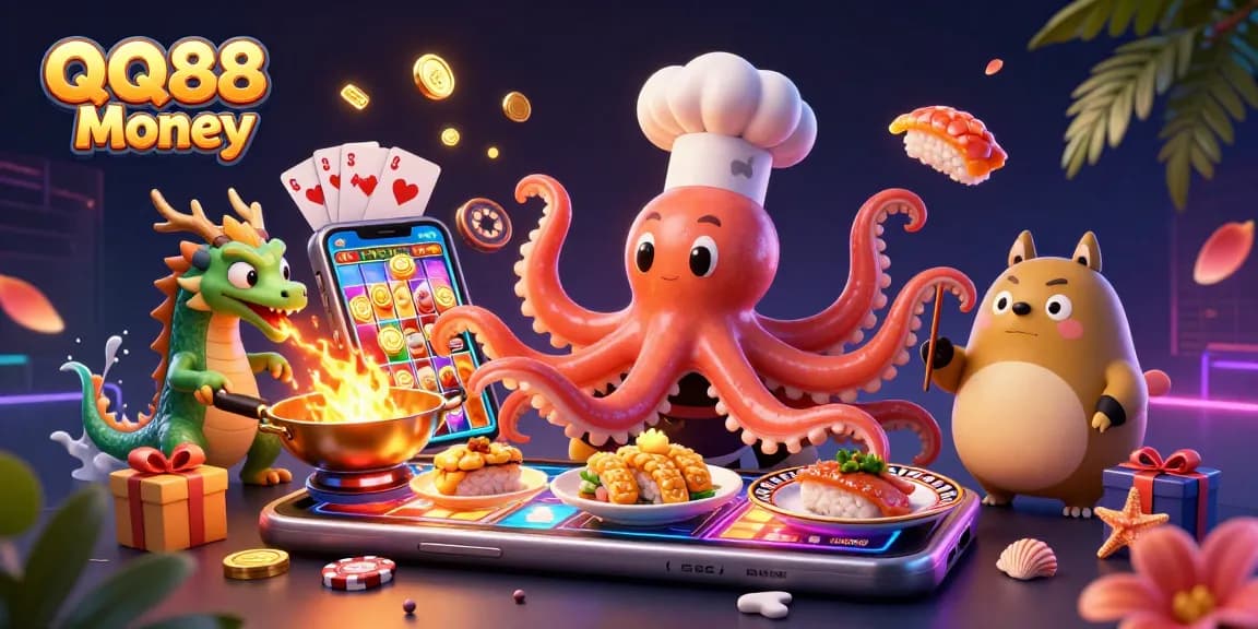 Engage with QQ88 Money as a playful octopus chef creates winning dishes in an energetic casino scene.