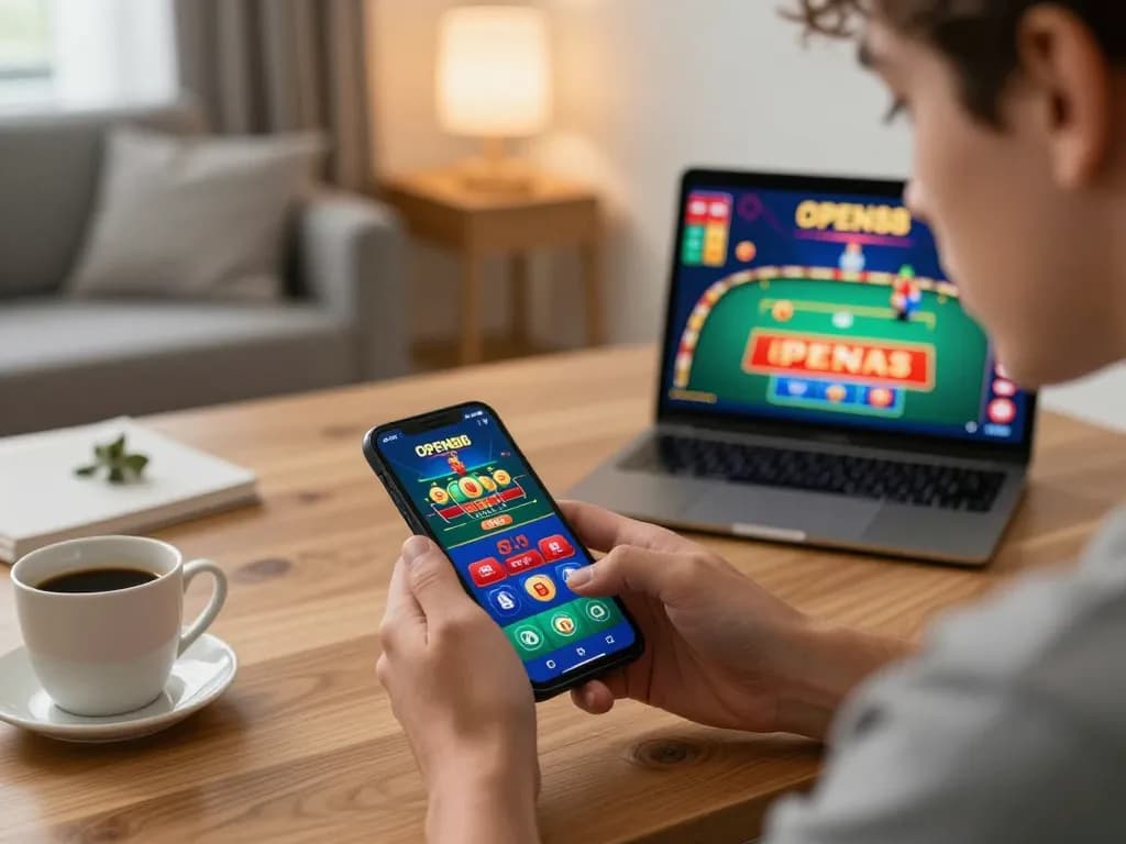 Player engaging with OPEN88 casino app on smartphone in cozy home setting