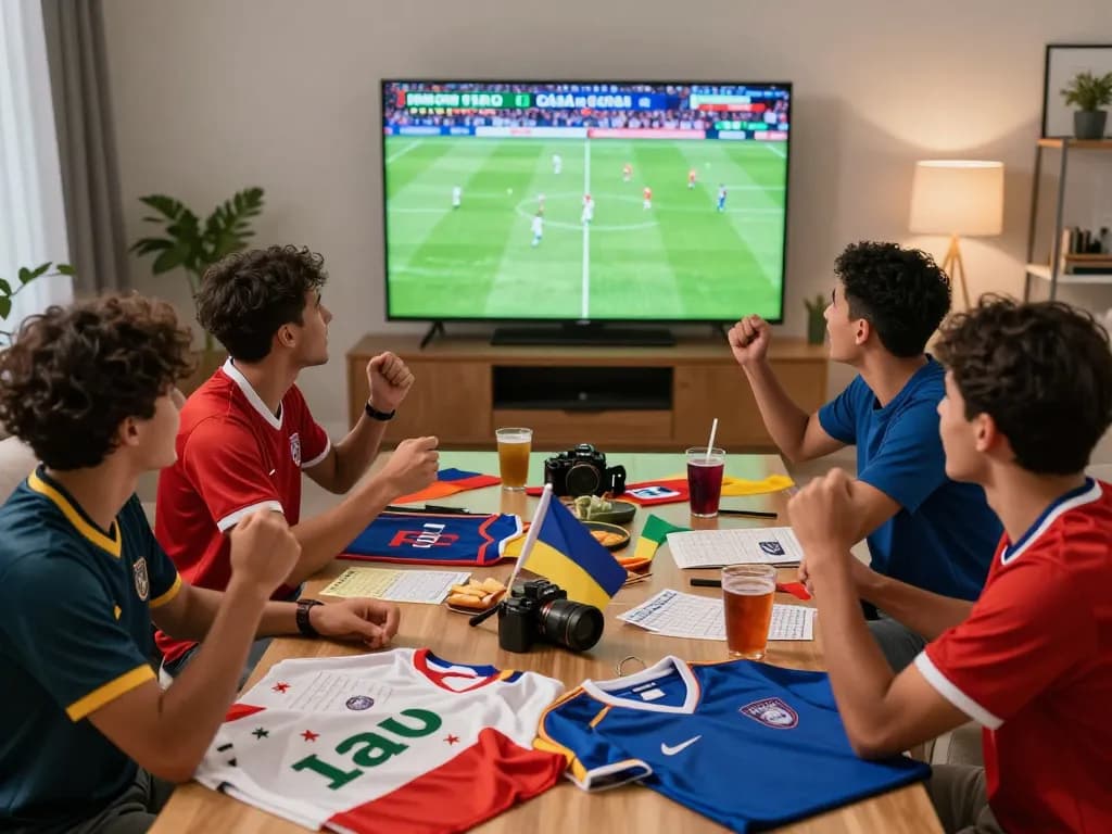 Cá độ bóng đá betting scene with friends enjoying a live football match, snacks, and enthusiasm.