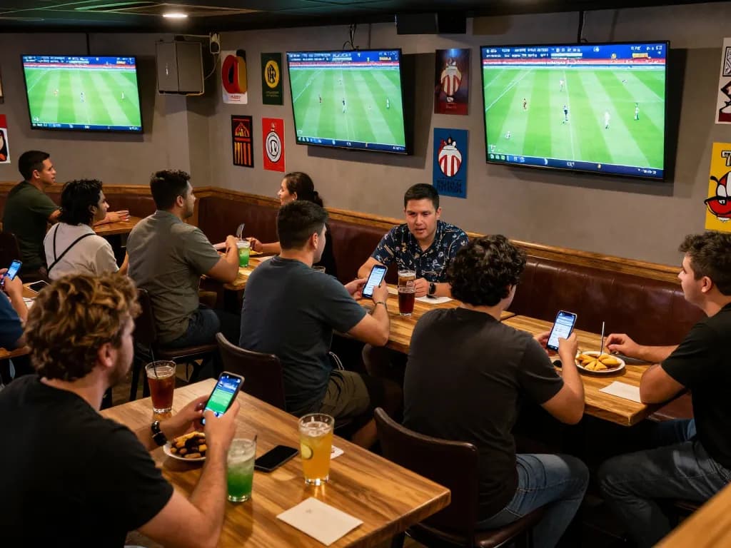 Excited fans using Okwintv app for sports betting in a lively environment