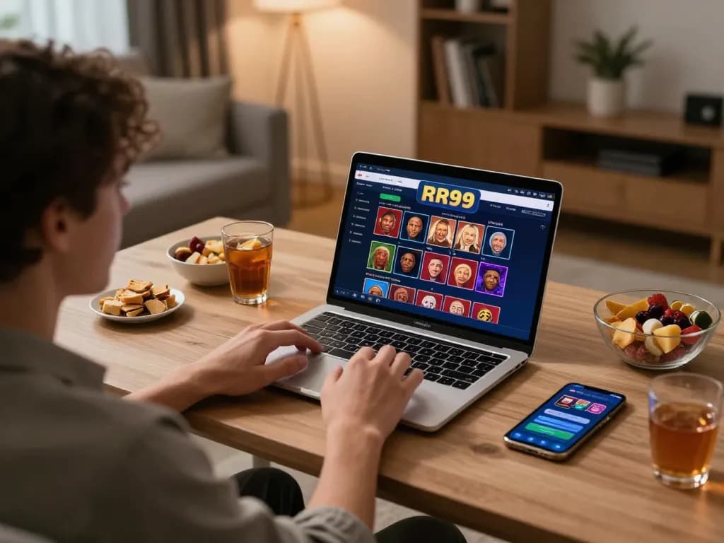 Player engaging with online casino games at RR99 in a stylish home setup, showcasing strategic gambling.