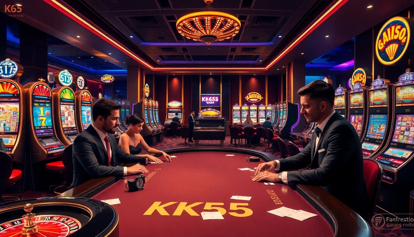 Engaged players at a KK55 poker table in a luxurious casino setting, showcasing online gambling excitement.