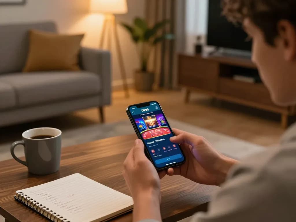 Player using UG88 app for online gambling on smartphone in cozy home setting, showcasing responsible gaming.