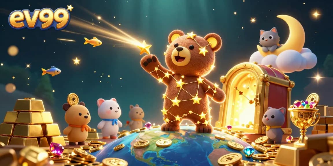 Experience the thrill of ev99 through a treasure-filled casino adventure with a whimsical constellation bear.