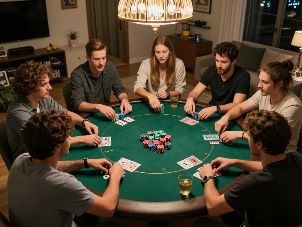 Friends enjoying a thrilling poker night with KUWIN 789 as the main game, vibrant chips and cards in play