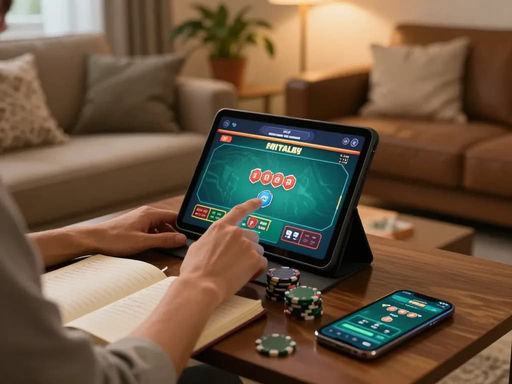 Engaging online poker game on tablet, player analyzing strategies in cozy home setting highlighting DA88.