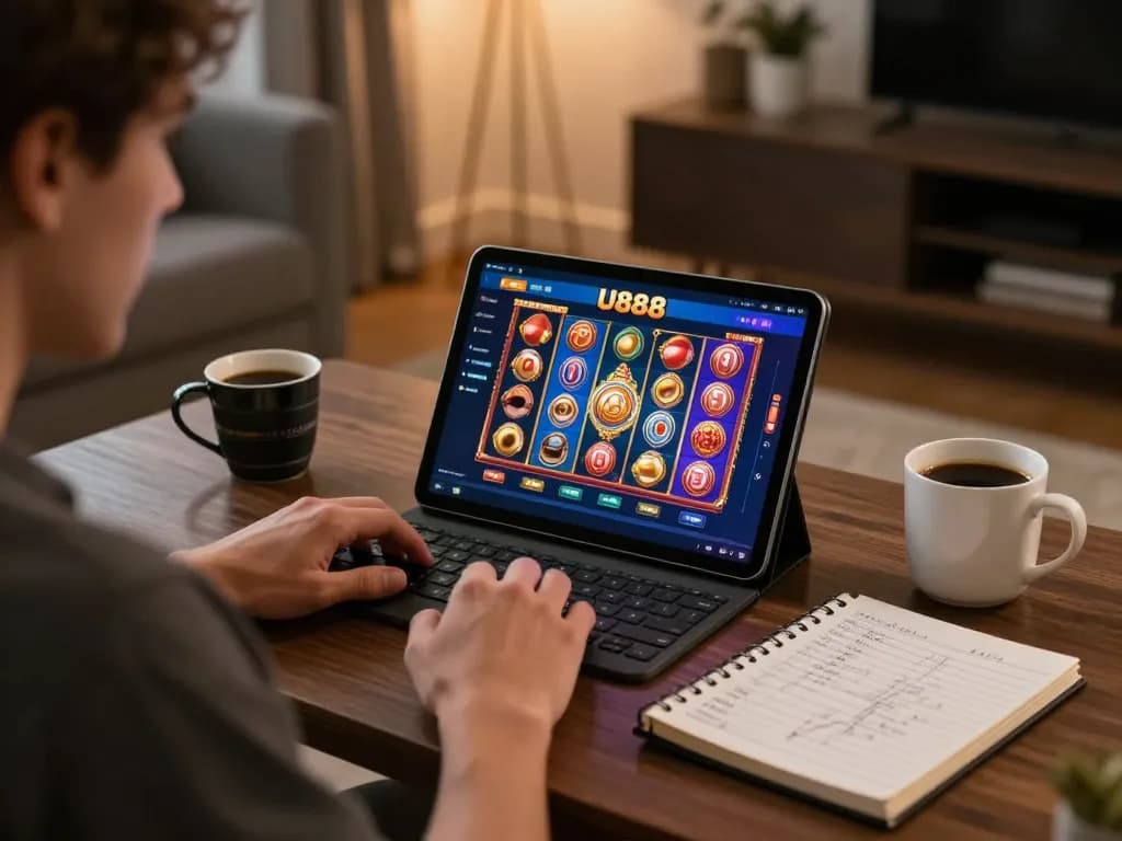 Player engaged in U888 online casino app gameplay at home, showcasing strategic notes and ambient lighting
