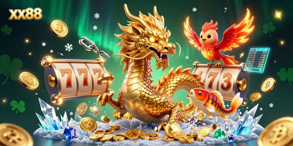Play slots with exciting visuals at xx88 featuring a dragon, phoenix, and koi fish.
