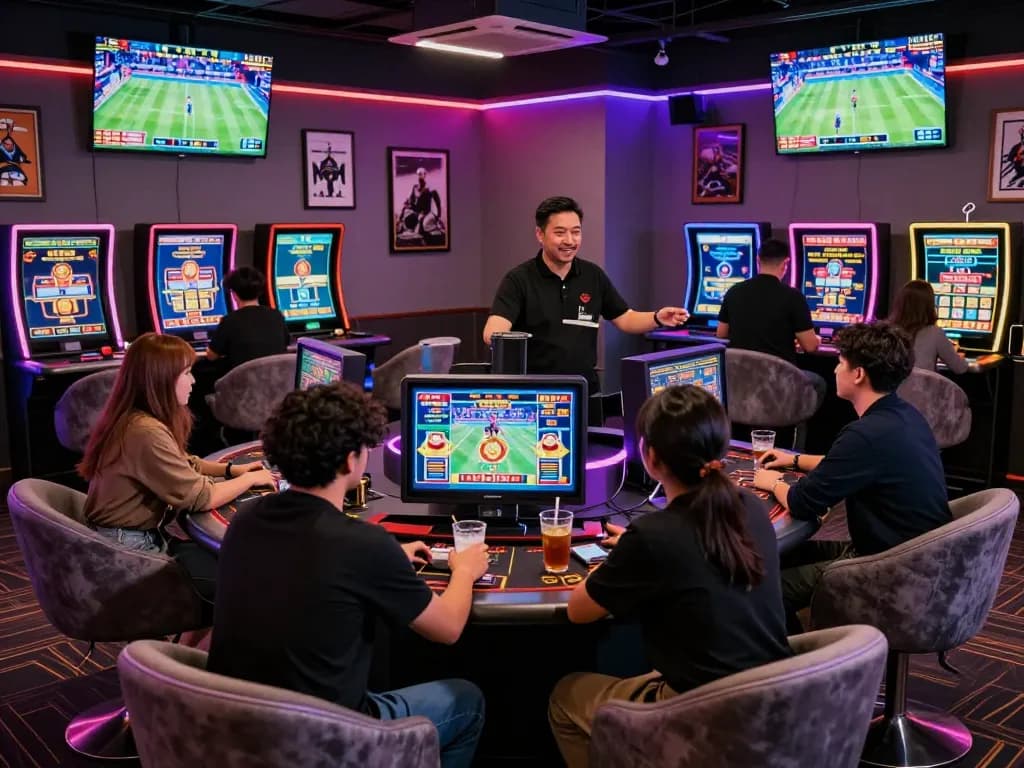 Exciting gaming atmosphere at MM88 online betting lounge with players engaged in casino games.