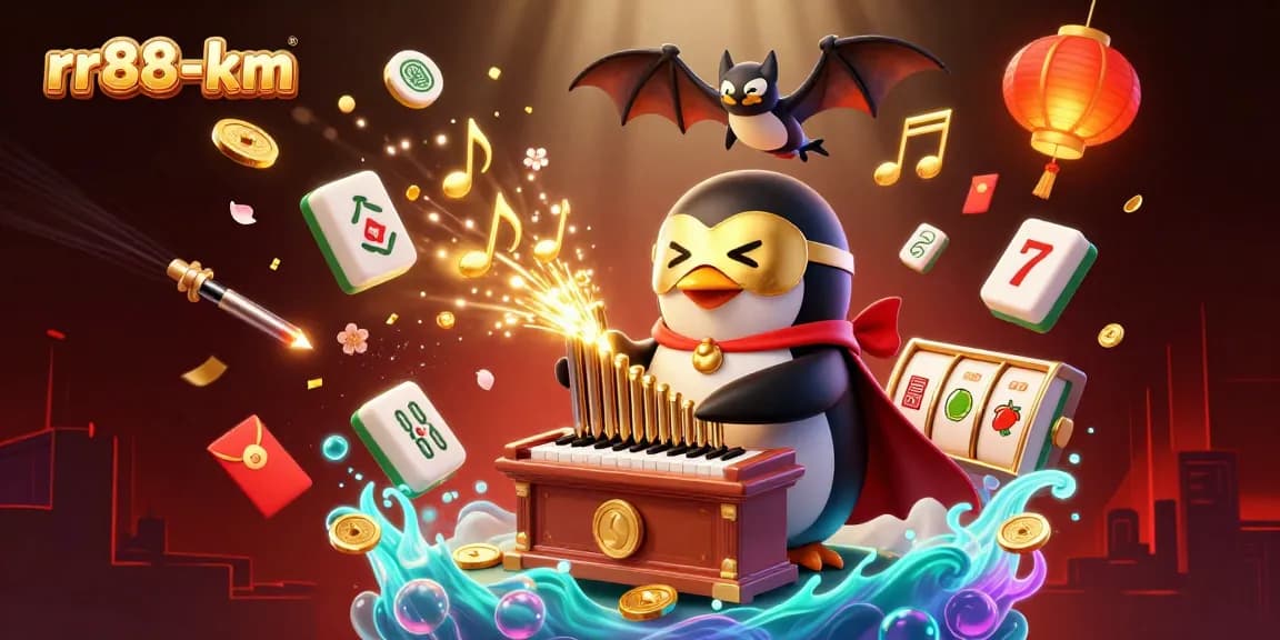 rr88-km showcases vibrant 3D casino scene with a golden penguin and slot reels.