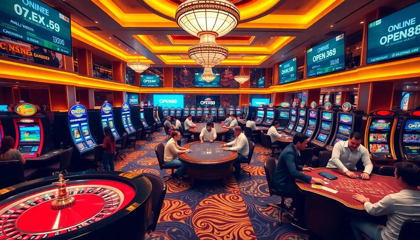 OPEN88 casino scene showcasing vibrant games like roulette and poker, with players enjoying their experience.