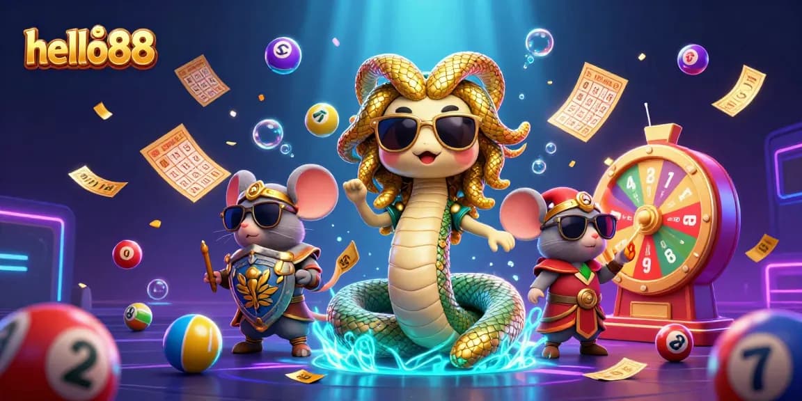 Experience thrilling gaming action with hello88 in a vibrant, colorful casino illustration featuring lottery elements.