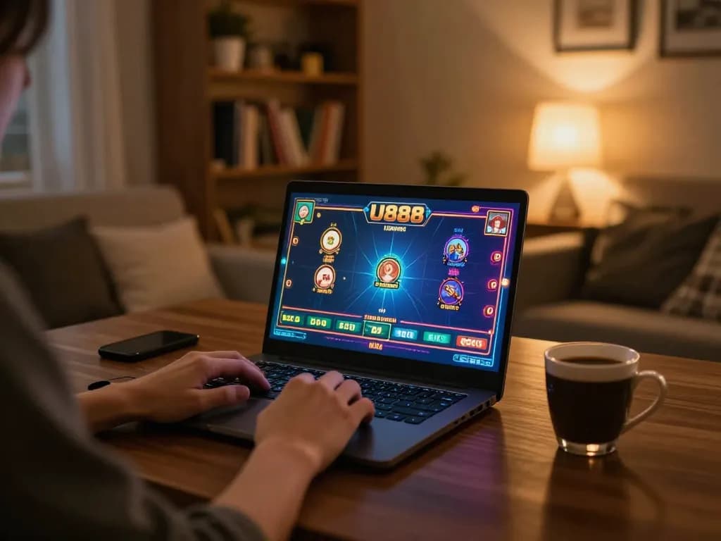 Player strategically engages in U888 online casino games from a cozy home setup.