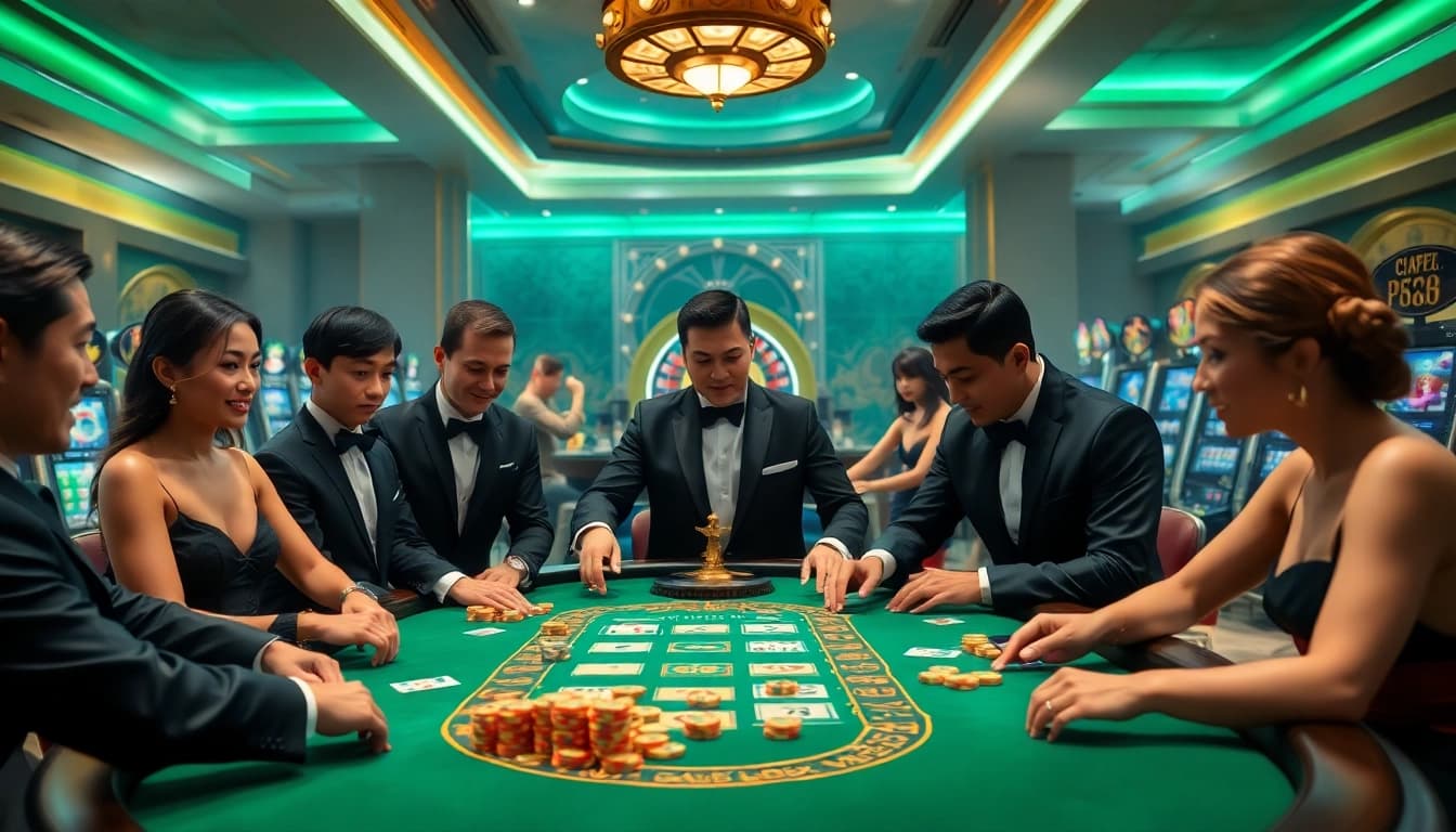 Experience the excitement of high-stakes poker at DV88 with engaging players and luxurious gaming tables.