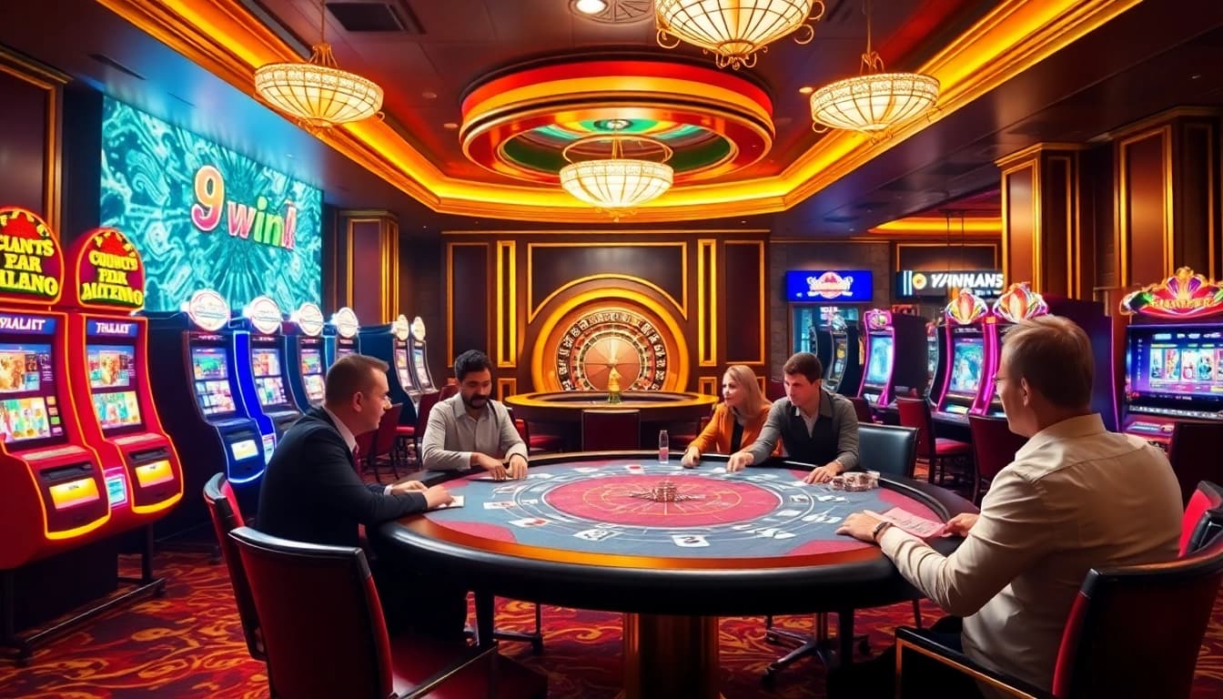 Players enjoy intense poker action at a 98win casino, surrounded by slot machines and a roulette table.