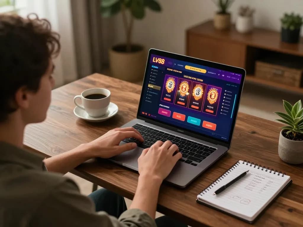 Player engaging with LV88 online casino on laptop in a cozy home setup.