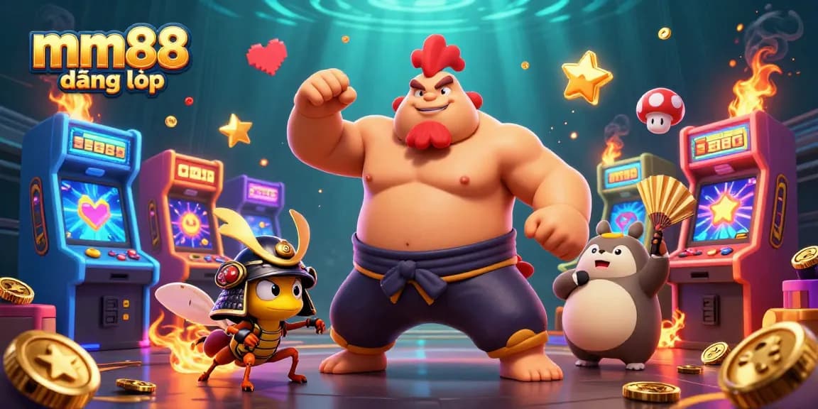Engage in thrilling action with mm88 đăng nhập as the sumo rooster stomps, amid dynamic game elements.