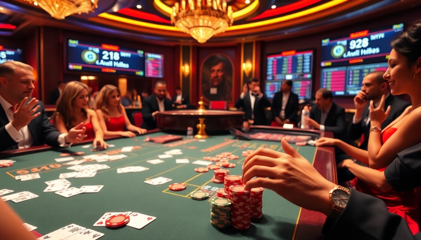 G28 users engaging at a vibrant casino table with poker chips and betting cards.