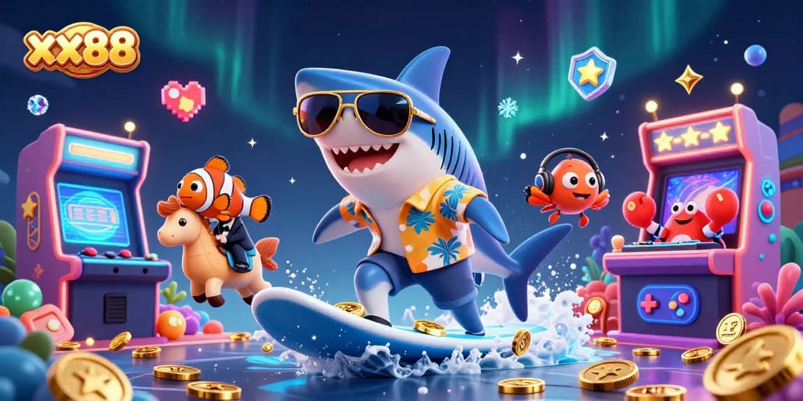 Experience exciting gaming at xx88 with a vibrant underwater scene featuring a surfing shark and treasures.