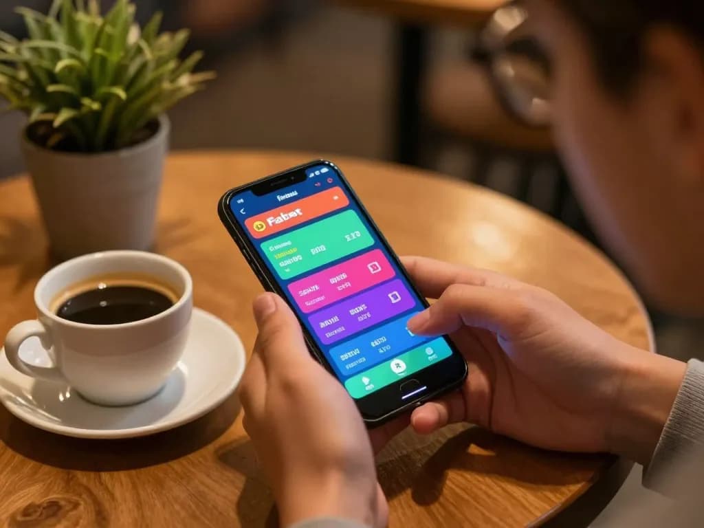 Tải app Fabet for mobile gaming in a cozy cafe setting with live betting options.