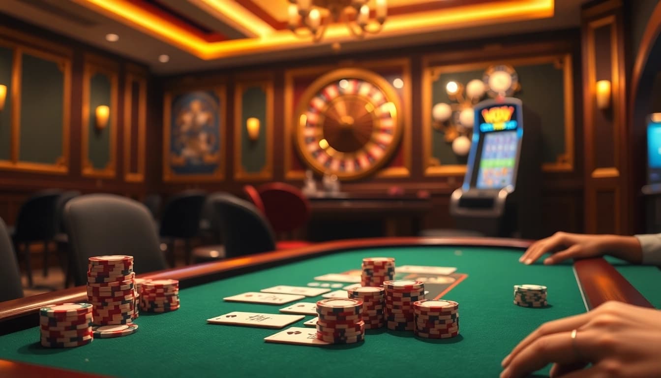 Exciting poker game at may88 casino with elegant cards and vibrant atmosphere.