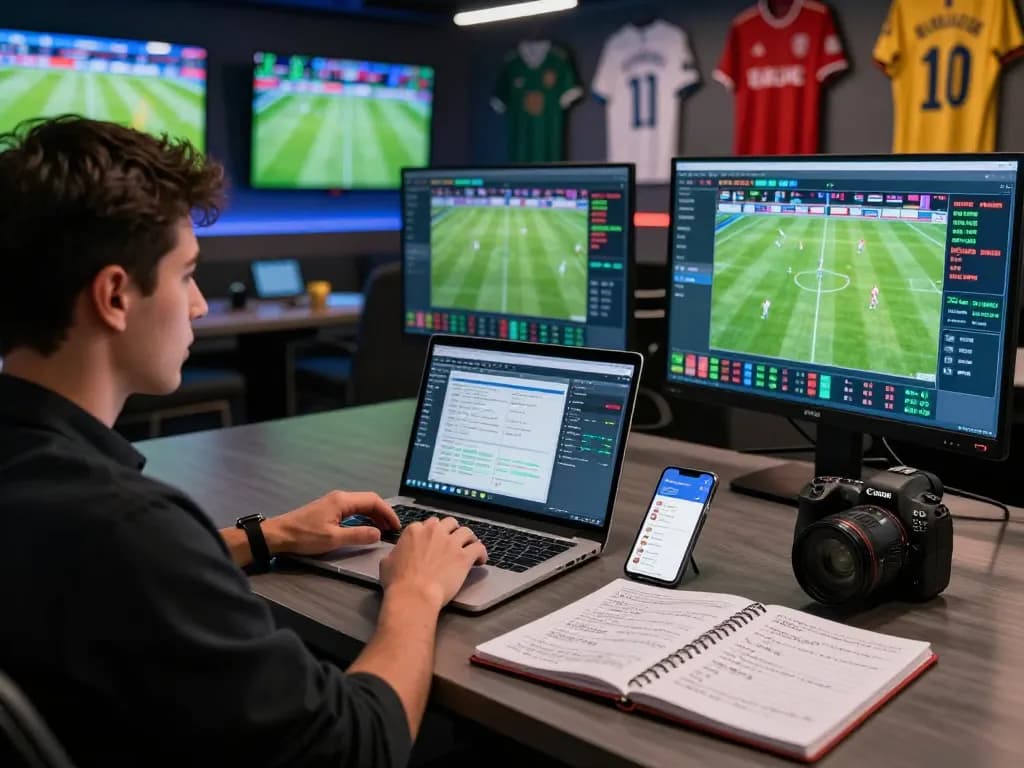 In a modern sports lounge, an individual analyzes tỷ lệ kèo nhà cái 5 while watching live football, creating an engaging betting experience.