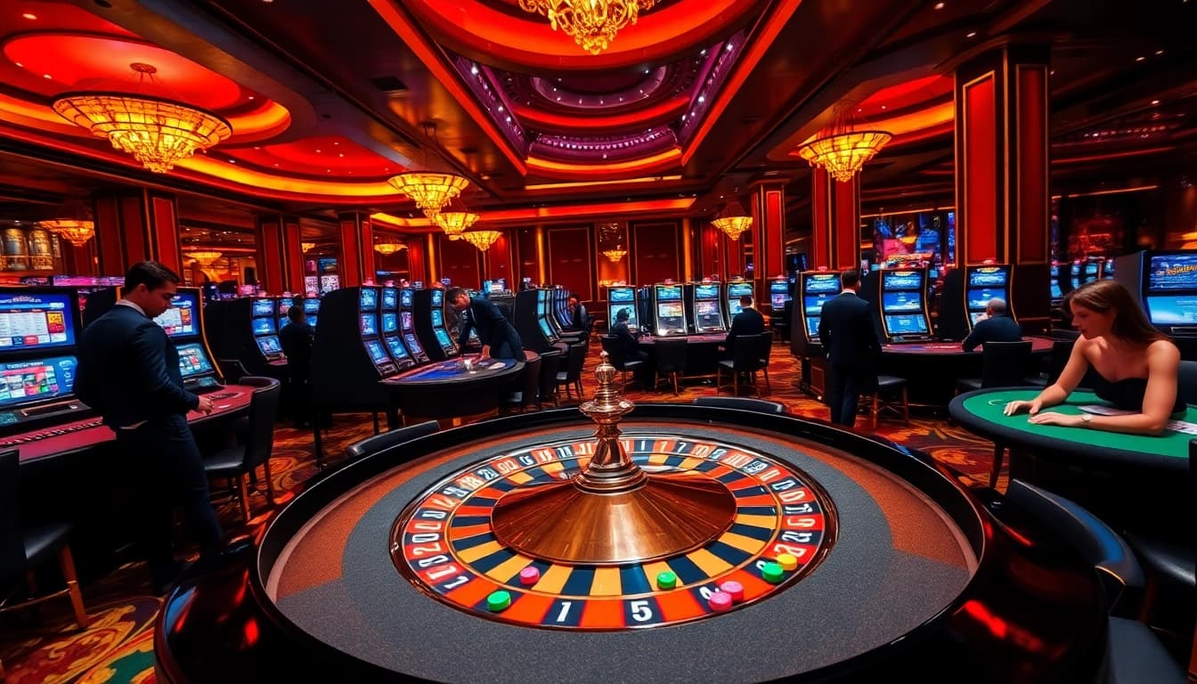 Engaged players at a luxurious casino celebrating wins on https://thabet.baby/ with vibrant slot machines and tables.