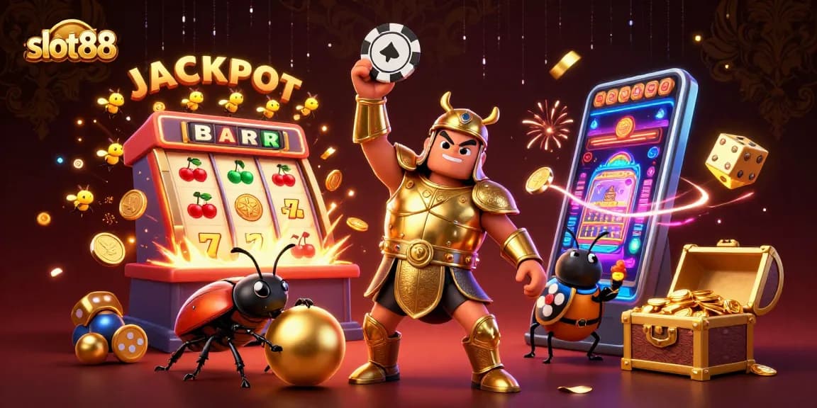 Experience thrilling wins with slot88 as a cartoon beetle celebrates a jackpot victory amid a casino explosion.