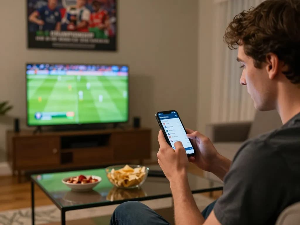 Individual using nhandinhkeonhacai app for live sports betting in a cozy home setting.