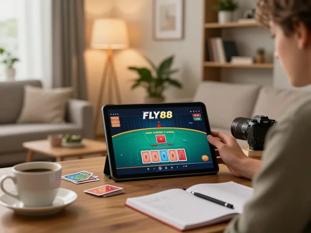 FLY88 player enjoying an online live dealer game on a tablet in a cozy home setting