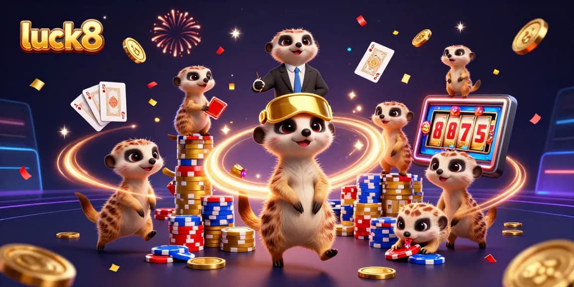 Luck8 meerkats manage a vibrant casino scene with colorful chips and sparkling gems.