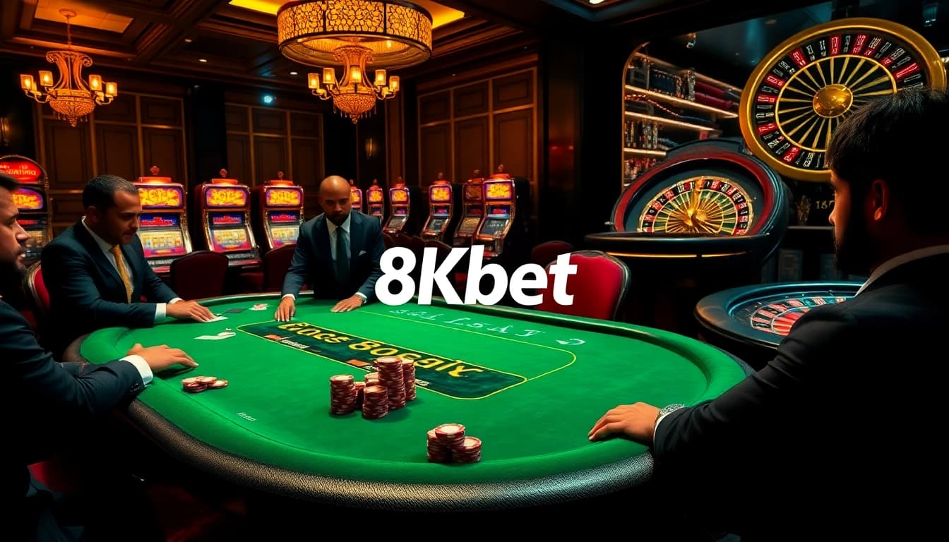 Experience thrilling gameplay at 8kbet with poker tables, vibrant slot machines, and exciting roulette.