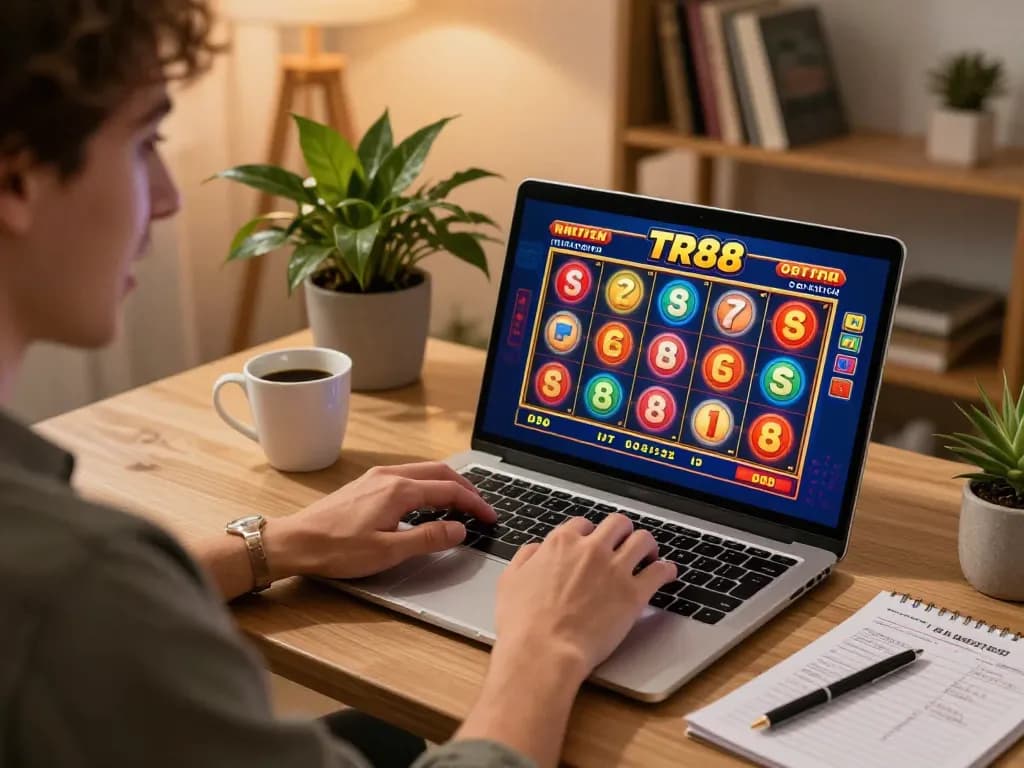 Engaged player at TR88 online casino, enjoying healthy gaming strategy from a comfortable home setup.
