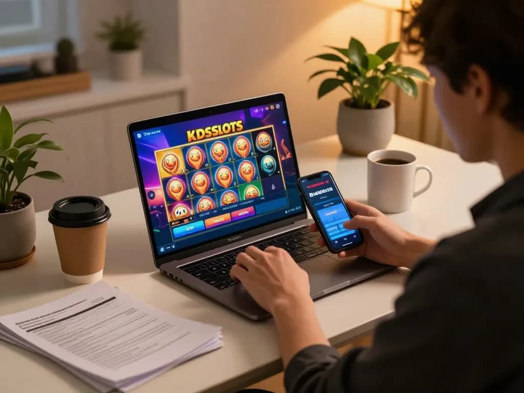KDslots player engaged in online gaming at home, laptop displaying vibrant slot graphics.