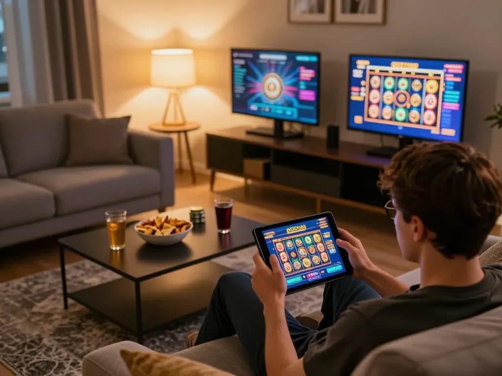 Player engaging in online casino gaming on tablet with vibrant B52club slot game graphics.