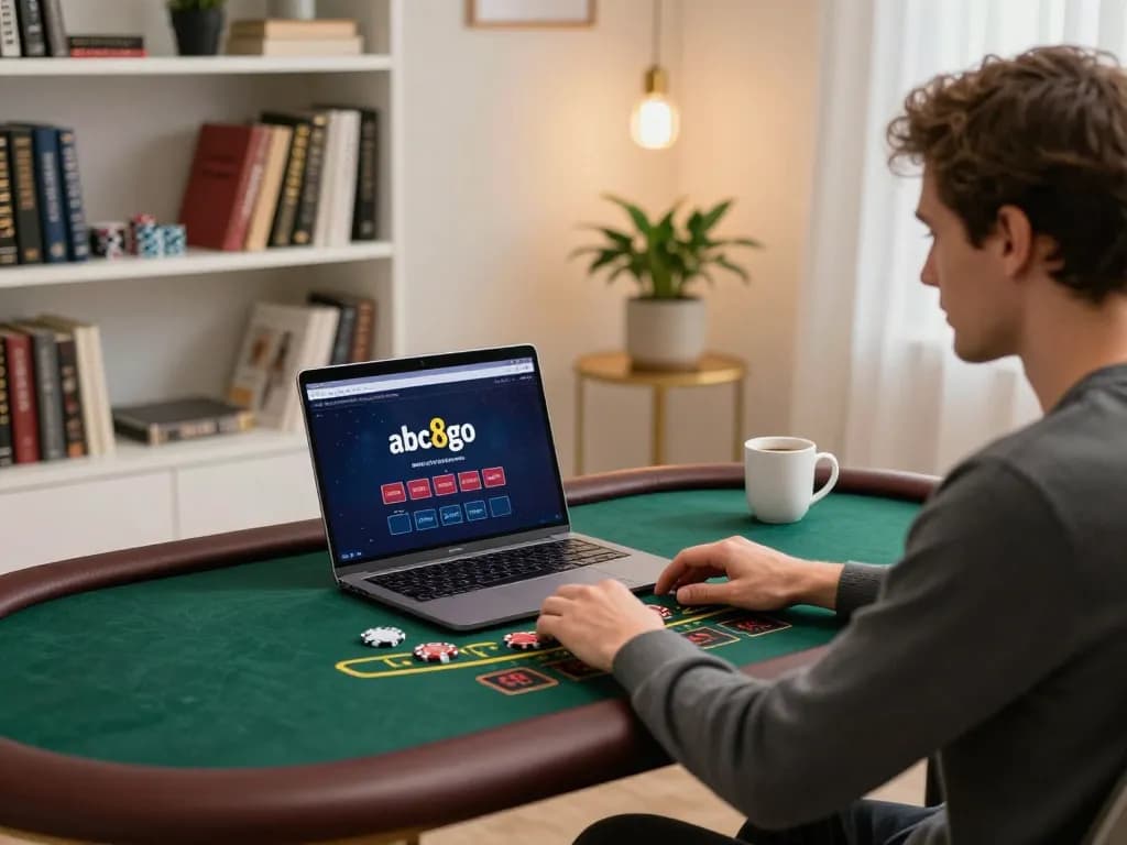 Person engaging with abc8go online casino platform for live dealer blackjack, creating a strategic gaming atmosphere.