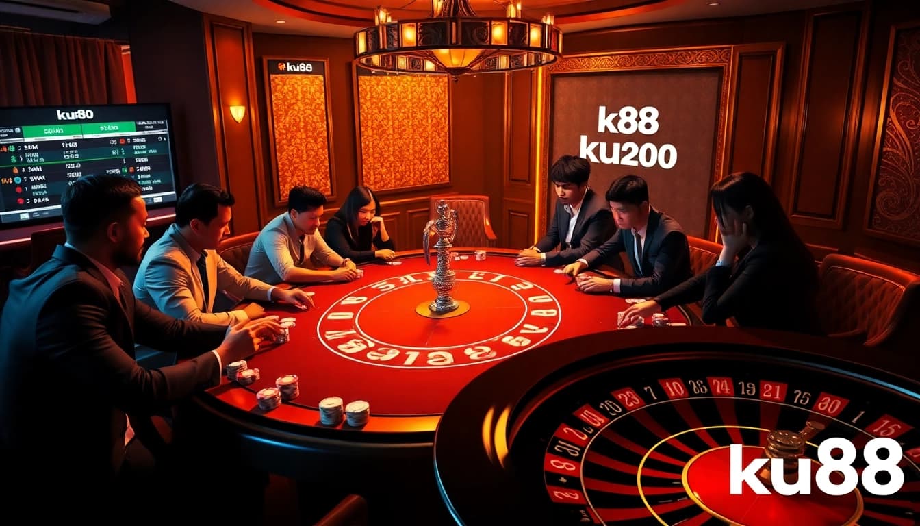 Players engage in high-stakes poker at ku88 casino, showcasing vibrant gameplay with luxurious decor.